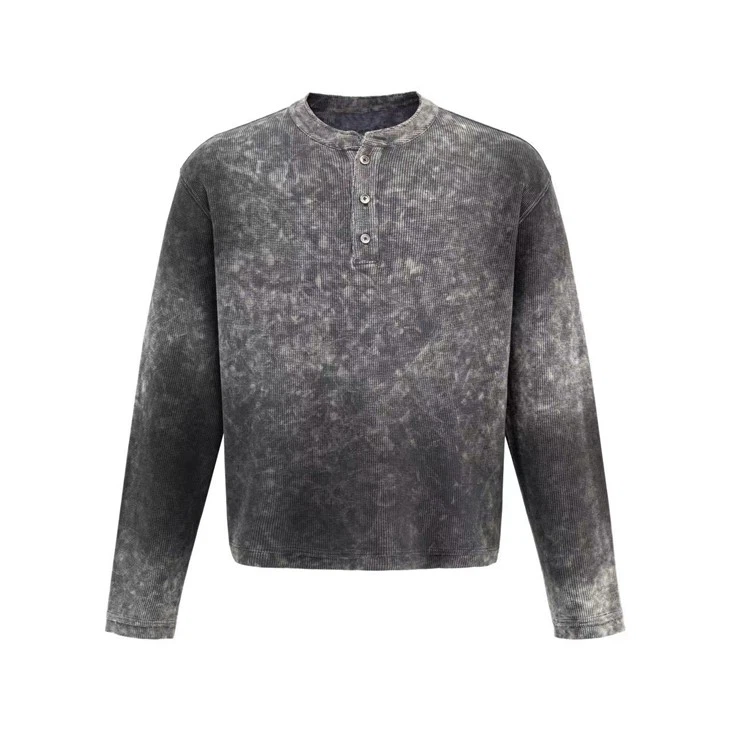 Търговия на едро OEM Acid Wash Голяма вафлена риза Henley Kornit DTG Print